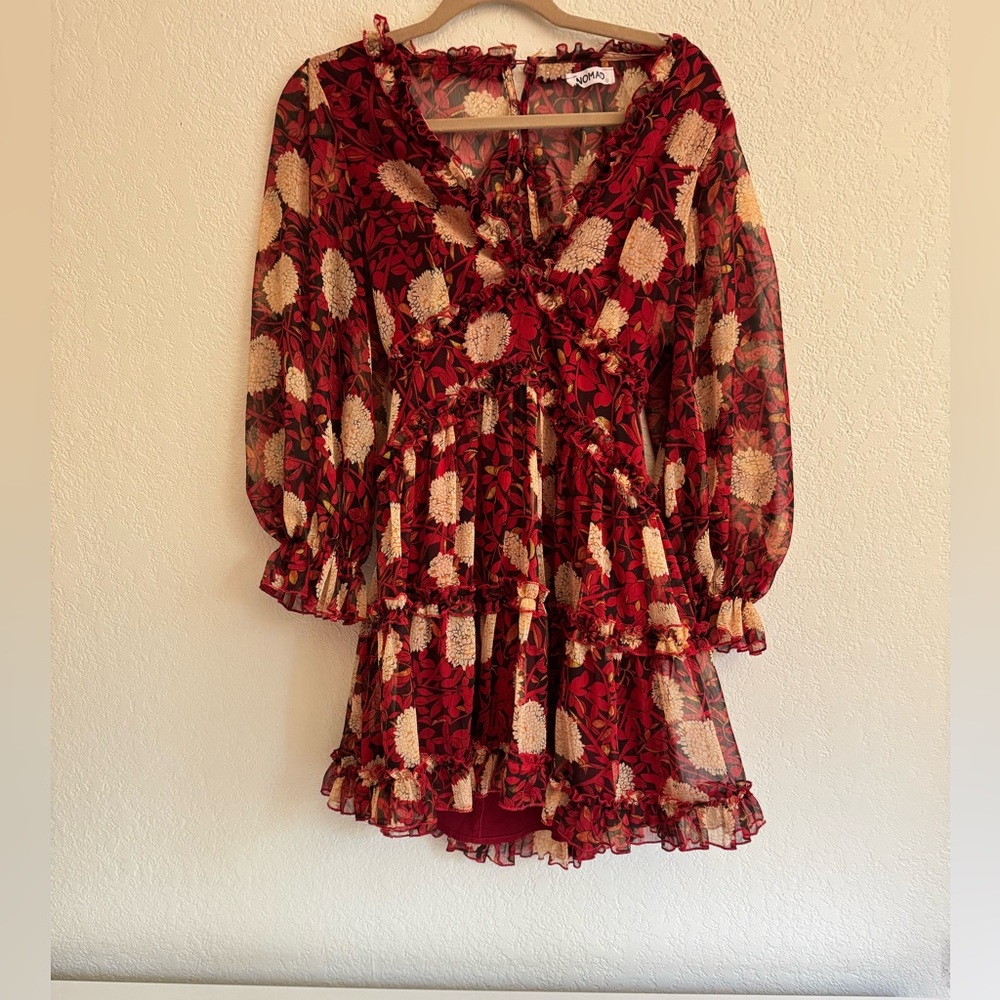 Floral Ruffle Dress in Red and Cream